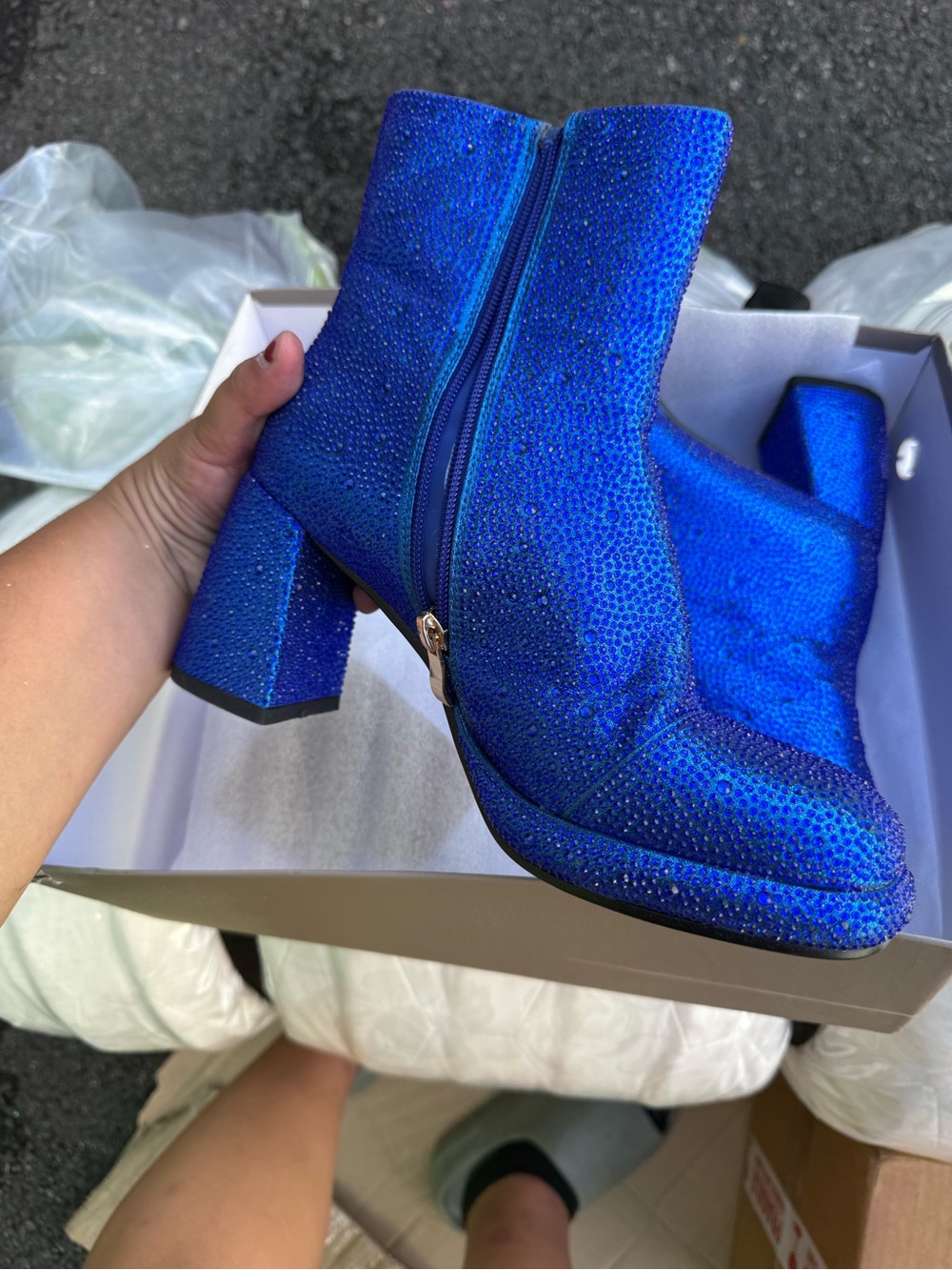 FINDVELL Blue Rhinestone Platform Ankle Boots Chunky Heel Size 7.5 - Picture 2 of 7